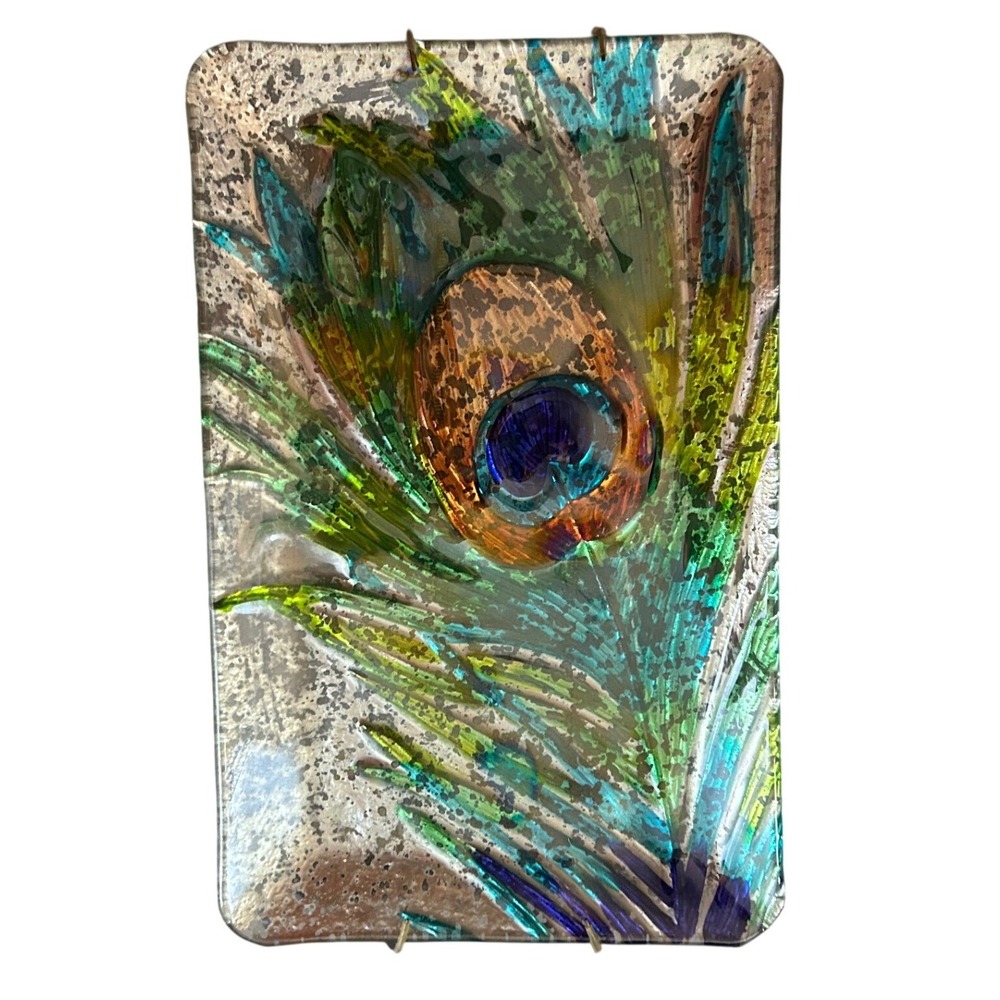 Vintage Fused Glass Peacock Feather Rectangular Plate Wall Art Decor 14in - Picture 3 of 6
